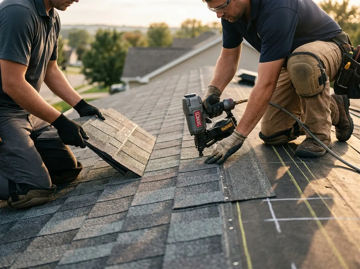 Professional roofer working on a residential roof in Prairie View